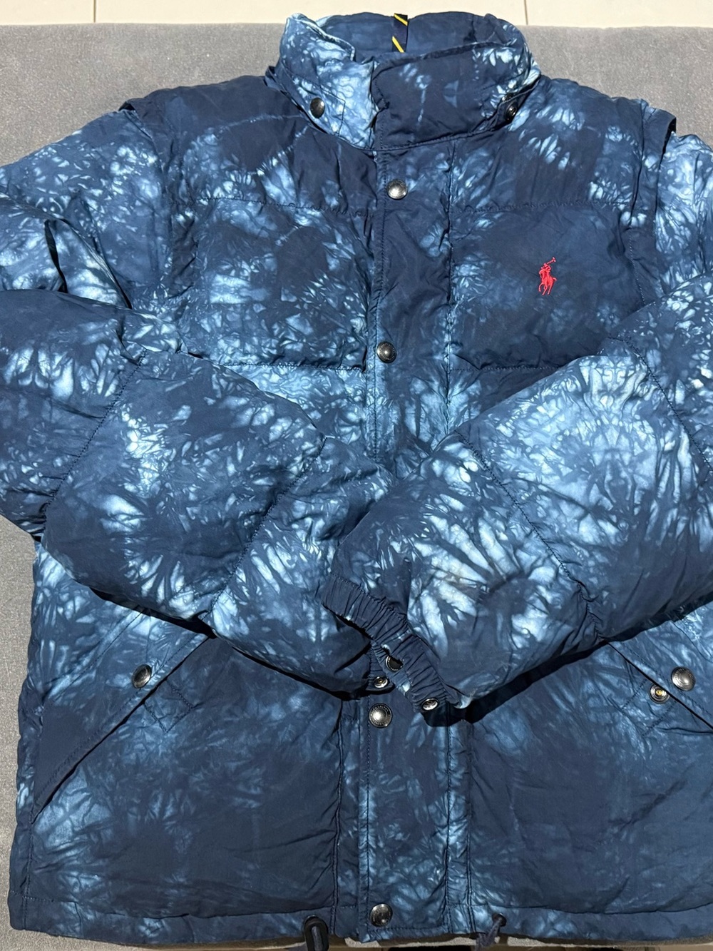 Ralph Lauren Navy Tie-Dye Puffer Jacket with Red Polo Logo No Hood